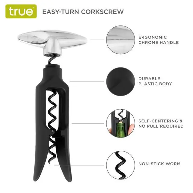Alt view image 2 of 7 - Self Pulling Corkscrew Wine Opener, Durable Plastic with Easy Turn Chrome Handle, Wine Bottle Opener for Bartenders, Home Bar Tools, Bar Cart Accessories, Kitchen Essentials, Set of 1, Black