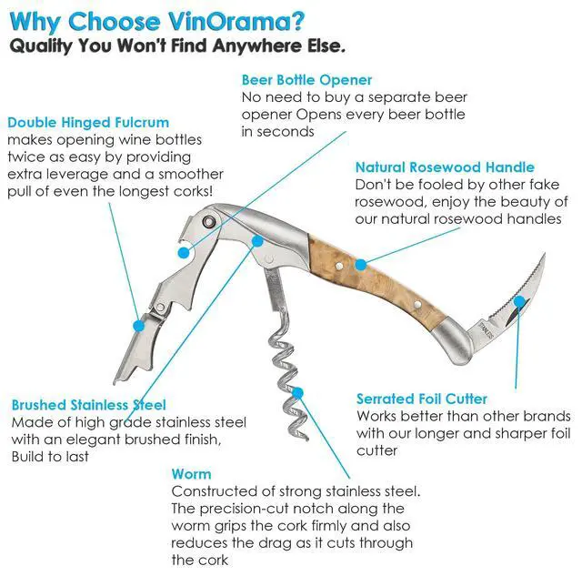 Alt view image 5 of 7 - Waiters Corkscrew Wine Opener Rosewood Handle 3-in-1 Beer Bottle Opener and Foil Cutter, The Best Choice of Professional Waiters and Bartenders Around the Globe