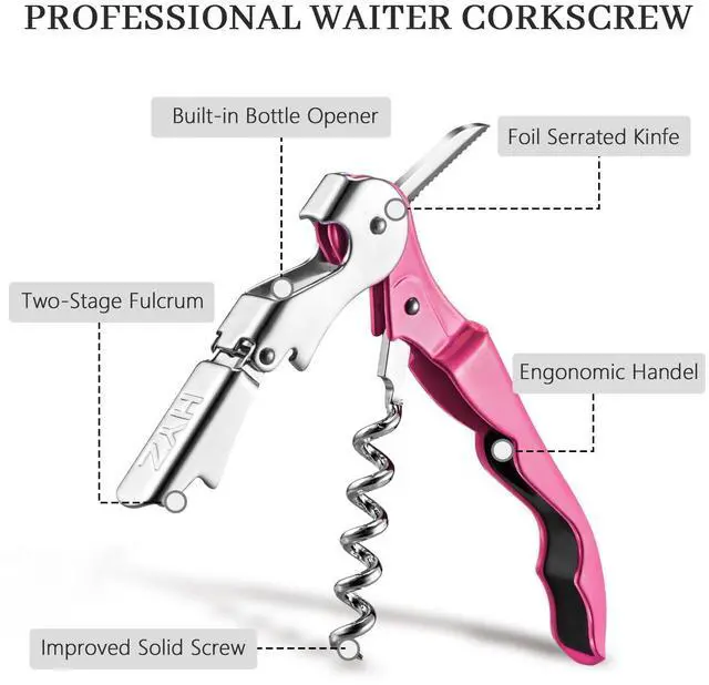 Alt view image 2 of 7 - 2-Pack Wine Opener Waiter Corkscrew, Professional Wine Key for Servers, Bartender with Foil Cutter, Manual Wine Bottle Opener Double Hinged (Rosy)