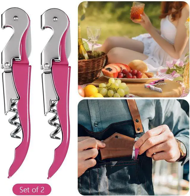 Alt view image 6 of 7 - 2-Pack Wine Opener Waiter Corkscrew, Professional Wine Key for Servers, Bartender with Foil Cutter, Manual Wine Bottle Opener Double Hinged (Rosy)