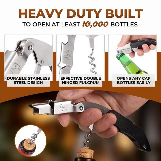 Alt view image 3 of 7 - 2-Pack Corkscrew Wine Opener - Heavy Duty Wine Key, Premium 420 Stainless Steel Wine Bottle Opener with Double Hinged, Foil Cutter, Gifts for Servers, Sommelier, Bartenders - Black