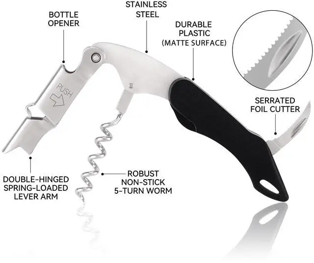 Alt view image 2 of 7 - 2-Pack Corkscrew Wine Opener - Heavy Duty Wine Key, Premium 420 Stainless Steel Wine Bottle Opener with Double Hinged, Foil Cutter, Gifts for Servers, Sommelier, Bartenders - Black