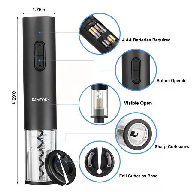 Alt view image 2 of 6 - Electric Wine Bottle Opener, Wine Opener Corkscrew Key Set with Foil Cutter,Automatic Reusable Easy Carry Black Wine Opener Gift for Waiter Women in Home Kitchen Party Bar Outdoor
