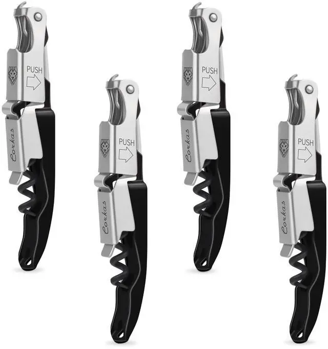 Main image of Wine Key - Professional Handcrafted Heavy Duty Waiter Corkscrew, Compact Wine Opener with Double Hinged, Foil Cutter and Bottle Opener, Gifts for Severs, Sommelier, Bartenders (4Pack-Black)