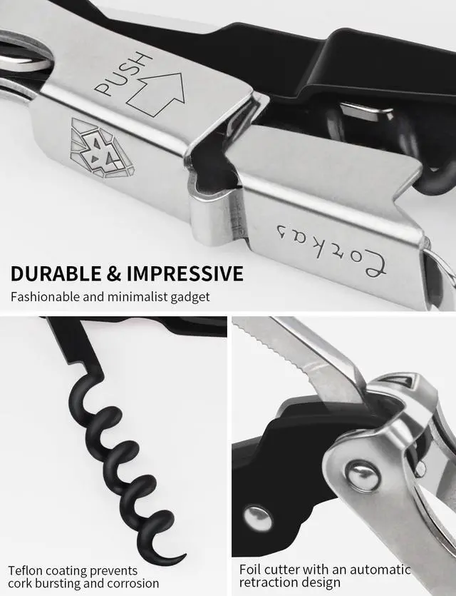Alt view image 5 of 7 - Wine Key - Professional Handcrafted Heavy Duty Waiter Corkscrew, Compact Wine Opener with Double Hinged, Foil Cutter and Bottle Opener, Gifts for Severs, Sommelier, Bartenders (4Pack-Black)