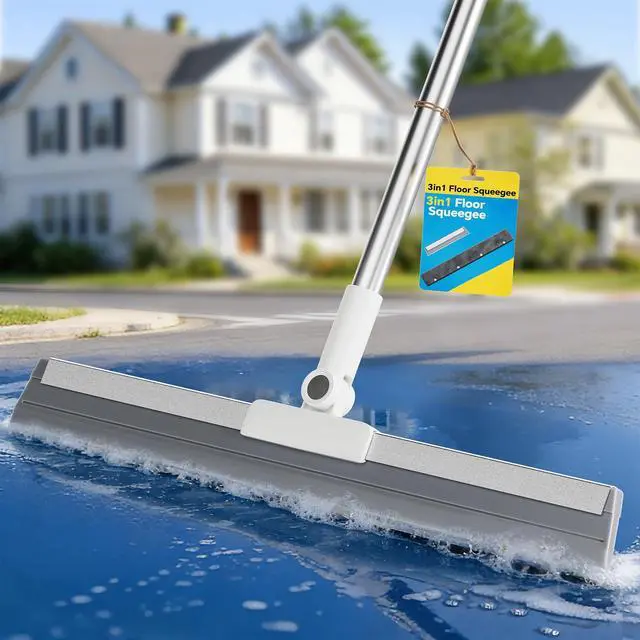 Main image of Floor Squeegee Broom with Long Handle, Heavy Duty Rubber Squeegee Kit, Scrubber for Tile Floor, Garage, Concrete with 2 Replacement Heads & 1 Cloth (3-in-1 Set)