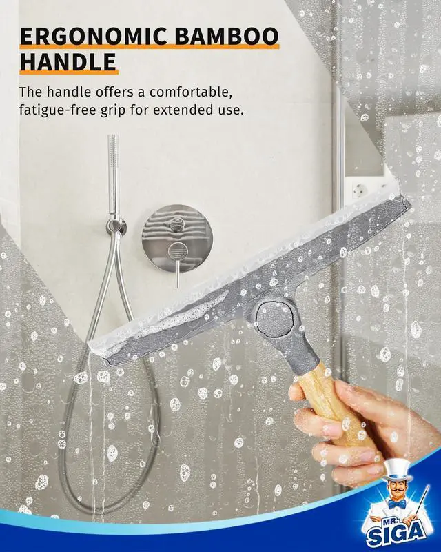 Alt view image 5 of 7 - All Purpose Silicone Squeegee for Shower Door, Mirror, Glass, Streak Free Shower Squeegee, Pivoting Bamboo Handle, Includes 1 Suction Hook, 10 inch Wide, Gray, 1 Pack