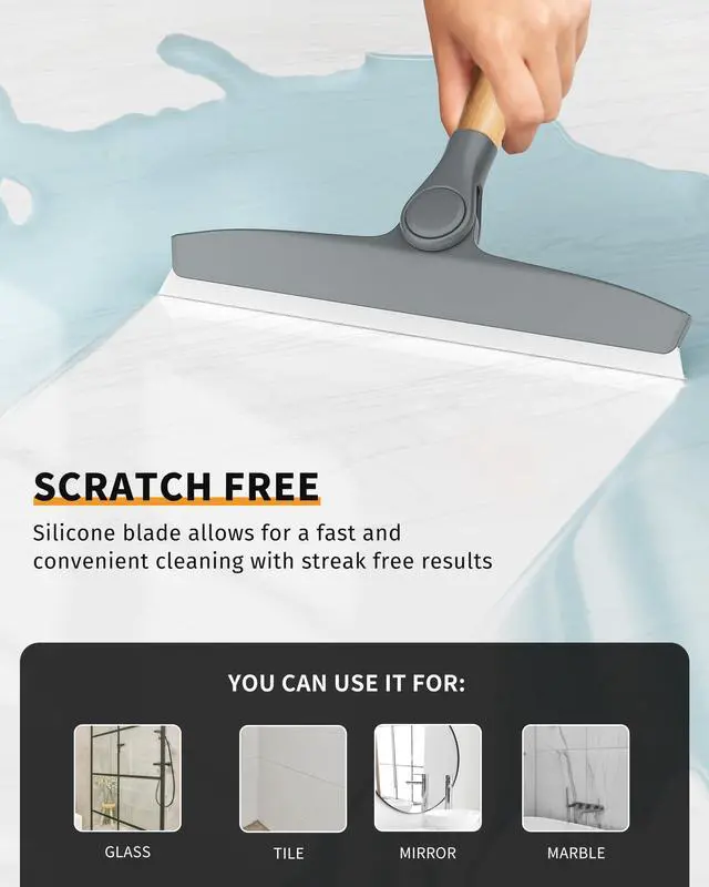 Alt view image 7 of 7 - All Purpose Silicone Squeegee for Shower Door, Mirror, Glass, Streak Free Shower Squeegee, Pivoting Bamboo Handle, Includes 1 Suction Hook, 10 inch Wide, Gray, 1 Pack