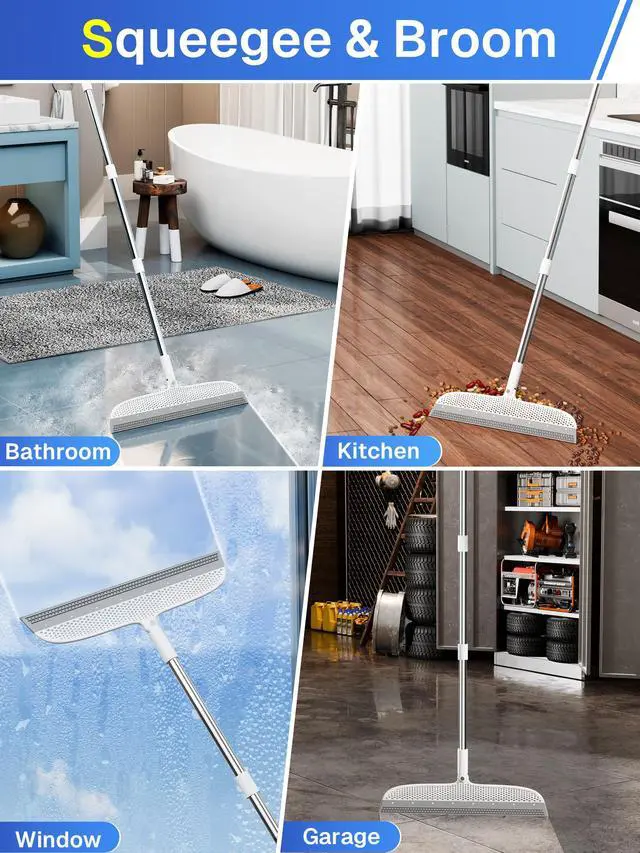 Alt view image 4 of 7 - Silicone Floor Squeegee, 180° Rotating Air Broom, Squeegee for Floor with a Long Handle, Magic Broom for Water and Pet Hair Removal on Bathroom Floors, Tile, Deck and Glass, Indoor Cleaning Tool