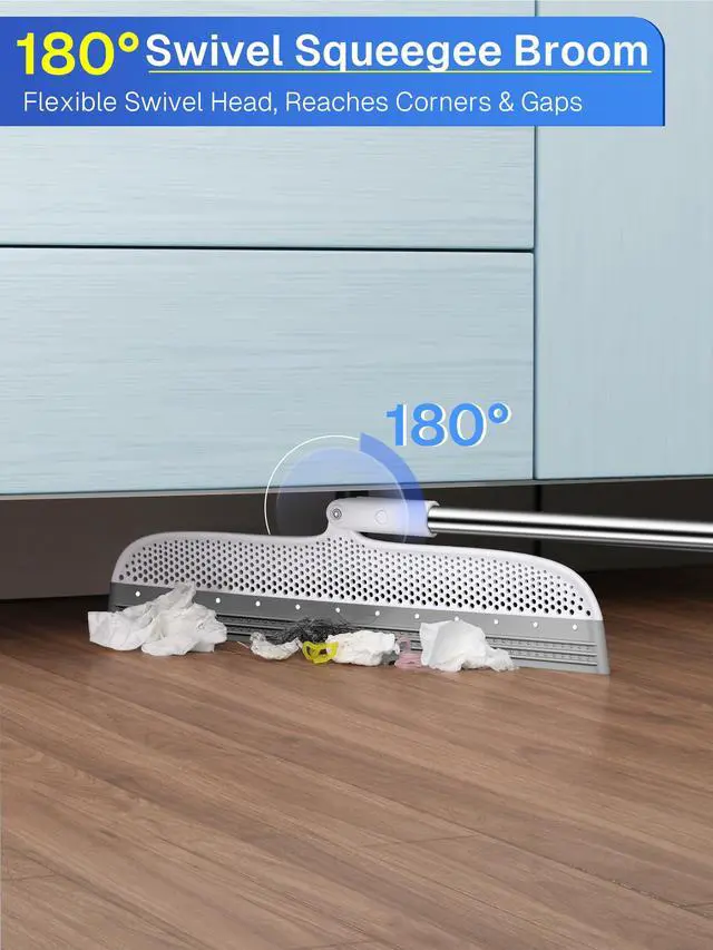 Alt view image 6 of 7 - Silicone Floor Squeegee, 180° Rotating Air Broom, Squeegee for Floor with a Long Handle, Magic Broom for Water and Pet Hair Removal on Bathroom Floors, Tile, Deck and Glass, Indoor Cleaning Tool