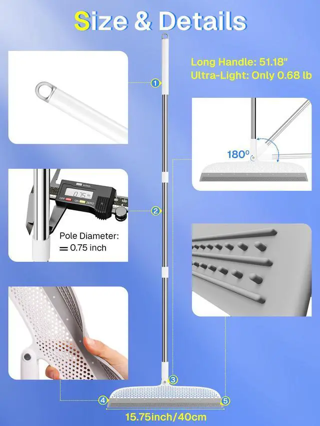 Alt view image 2 of 7 - Silicone Floor Squeegee, 180° Rotating Air Broom, Squeegee for Floor with a Long Handle, Magic Broom for Water and Pet Hair Removal on Bathroom Floors, Tile, Deck and Glass, Indoor Cleaning Tool