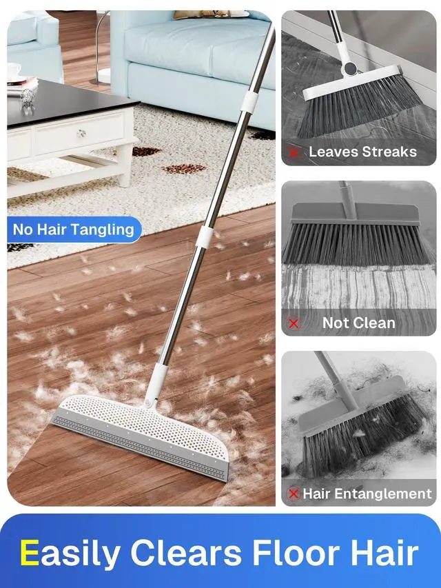 Alt view image 3 of 7 - Silicone Floor Squeegee, 180° Rotating Air Broom, Squeegee for Floor with a Long Handle, Magic Broom for Water and Pet Hair Removal on Bathroom Floors, Tile, Deck and Glass, Indoor Cleaning Tool