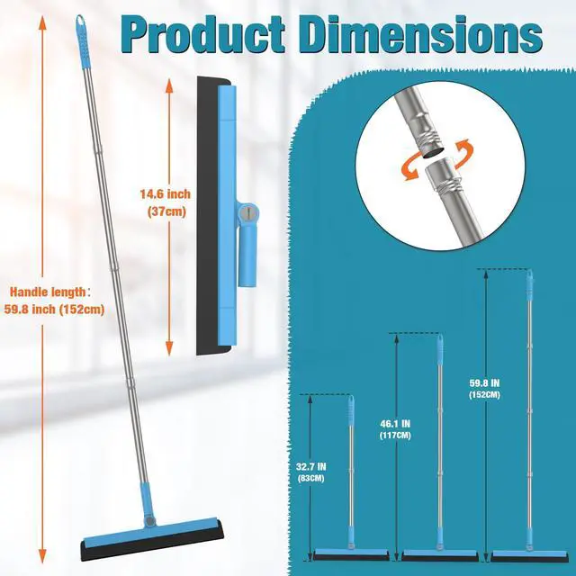 Alt view image 3 of 7 - Floor Squeegee Adjustable 59'' Long Handle Professional Floor Squeegee with Hook Water Squeegee Foam Blade for Concrete Floor Tile Pet Hair Floor Wiper