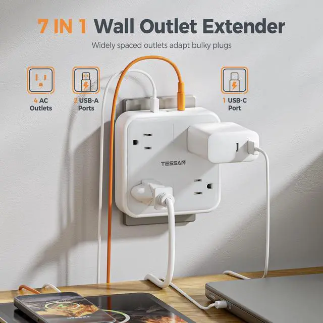 Alt view image 4 of 6 - Multi Plug Outlet Extender, Outlet Splitter with 3 USB (1 USB C Port) Wall Charger with No Surge Protection, Multiple Expander for Travel, Home, College Dorm Room