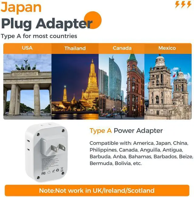 Alt view image 2 of 6 - 2 Prong to 3 Prong Adapter, Multi Plug Outlet Extender with 4 Outlets 3 USB Ports(1 USB C), Type A Travel for US to Japan, Philippines, Canada, Mexico, China, Thailand, Anguilla