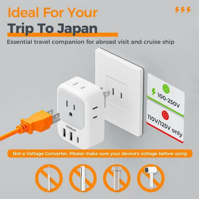 Alt view image 5 of 6 - 2 Prong to 3 Prong Adapter, Multi Plug Outlet Extender with 4 Outlets 3 USB Ports(1 USB C), Type A Travel for US to Japan, Philippines, Canada, Mexico, China, Thailand, Anguilla