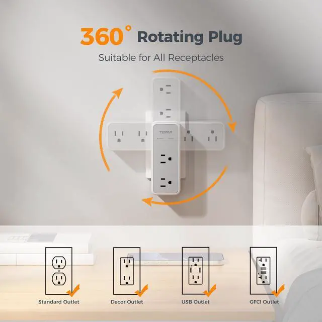 Alt view image 2 of 7 - Multi Plug Outlet Extender with 360 Rotating Plug, TESSAN 1875W Wall Outlet Splitter with 6 AC, 1800J Surge Protector, 3 Sided Multiple Electrical Wall Adapter for Dorm Room Office Kitchen Home