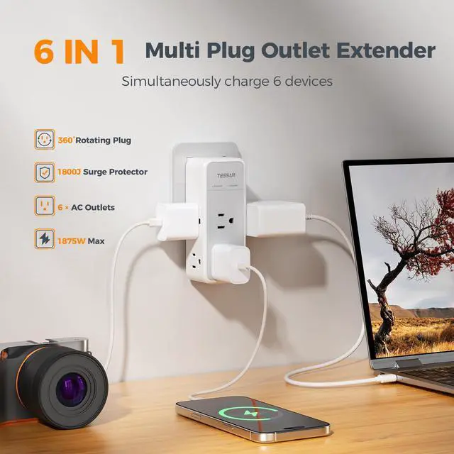 Alt view image 3 of 7 - Multi Plug Outlet Extender with 360 Rotating Plug, TESSAN 1875W Wall Outlet Splitter with 6 AC, 1800J Surge Protector, 3 Sided Multiple Electrical Wall Adapter for Dorm Room Office Kitchen Home