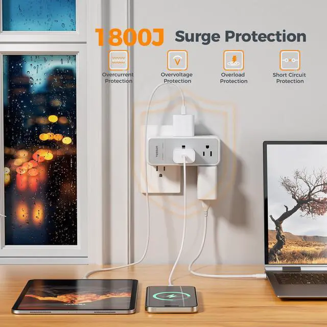 Alt view image 4 of 7 - Multi Plug Outlet Extender with 360 Rotating Plug, TESSAN 1875W Wall Outlet Splitter with 6 AC, 1800J Surge Protector, 3 Sided Multiple Electrical Wall Adapter for Dorm Room Office Kitchen Home