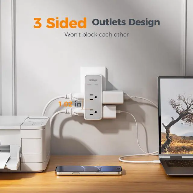 Alt view image 5 of 7 - Multi Plug Outlet Extender with 360 Rotating Plug, TESSAN 1875W Wall Outlet Splitter with 6 AC, 1800J Surge Protector, 3 Sided Multiple Electrical Wall Adapter for Dorm Room Office Kitchen Home