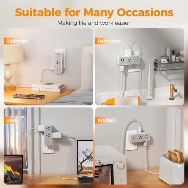 Alt view image 7 of 7 - Multi Plug Outlet Extender with 360 Rotating Plug, TESSAN 1875W Wall Outlet Splitter with 6 AC, 1800J Surge Protector, 3 Sided Multiple Electrical Wall Adapter for Dorm Room Office Kitchen Home