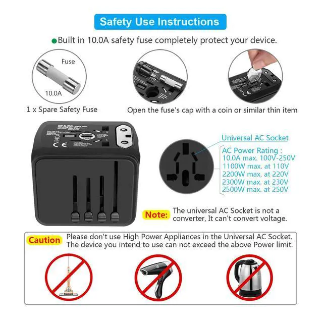 Alt view image 6 of 7 - SAUNORCH Universal International Travel Power Adapter W/High Speed 2.4A USB, 3.0A Type-C Wall Charger, European Adapter, Worldwide AC Outlet Plugs Adapters for Europe, UK, US, AU, Asia-Black