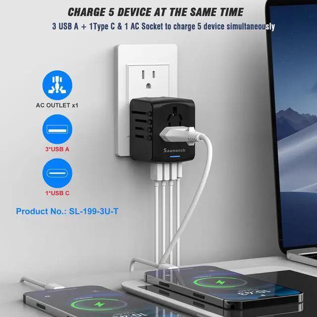 Alt view image 2 of 7 - SAUNORCH Universal International Travel Power Adapter W/High Speed 2.4A USB, 3.0A Type-C Wall Charger, European Adapter, Worldwide AC Outlet Plugs Adapters for Europe, UK, US, AU, Asia-Black