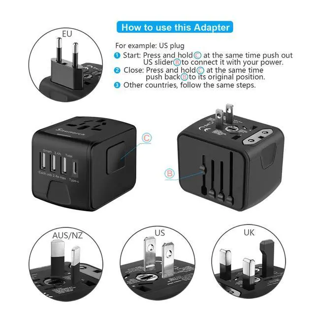 Alt view image 5 of 7 - SAUNORCH Universal International Travel Power Adapter W/High Speed 2.4A USB, 3.0A Type-C Wall Charger, European Adapter, Worldwide AC Outlet Plugs Adapters for Europe, UK, US, AU, Asia-Black