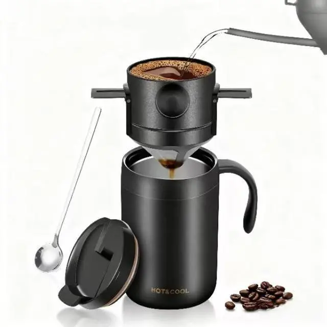 Main image of Portable 16oz Pour Over Coffee Maker with Foldable Filter & Stirrer Insulated Stainless Steel Travel Cup with Lid No Paper Filter Needed, BPA-Free, Black For Home, Office, Camping, Backpacking