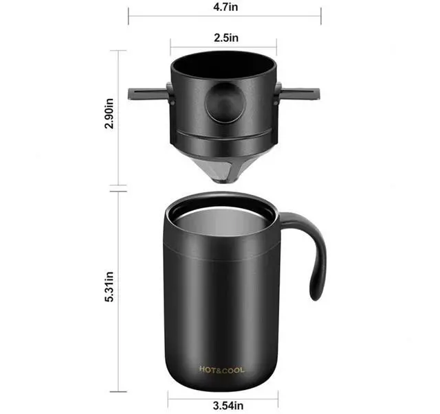 Alt view image 2 of 7 - Portable 16oz Pour Over Coffee Maker with Foldable Filter & Stirrer Insulated Stainless Steel Travel Cup with Lid No Paper Filter Needed, BPA-Free, Black For Home, Office, Camping, Backpacking