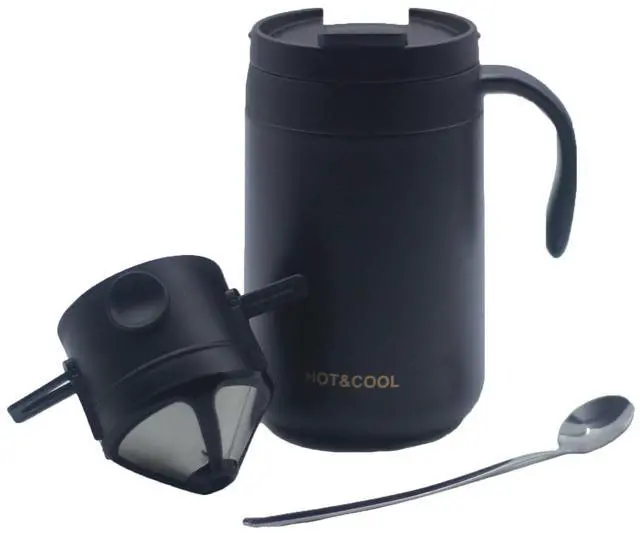 Alt view image 3 of 7 - Portable 16oz Pour Over Coffee Maker with Foldable Filter & Stirrer Insulated Stainless Steel Travel Cup with Lid No Paper Filter Needed, BPA-Free, Black For Home, Office, Camping, Backpacking