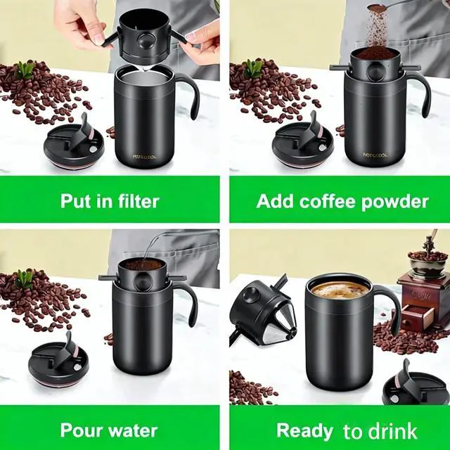 Alt view image 4 of 7 - Portable 16oz Pour Over Coffee Maker with Foldable Filter & Stirrer Insulated Stainless Steel Travel Cup with Lid No Paper Filter Needed, BPA-Free, Black For Home, Office, Camping, Backpacking