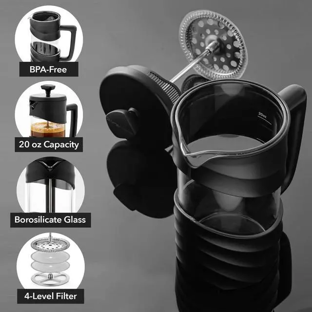 Alt view image 2 of 7 - French Press Coffee Maker 20 Ounce with Heat Resistant Borosilicate Glass & Stainless Steel 4-Level Filtration System, Portable Cold Brew Coffee Maker for Travel, Camping or Gift, Black FPW20B