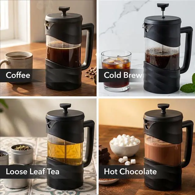 Alt view image 5 of 7 - French Press Coffee Maker 20 Ounce with Heat Resistant Borosilicate Glass & Stainless Steel 4-Level Filtration System, Portable Cold Brew Coffee Maker for Travel, Camping or Gift, Black FPW20B