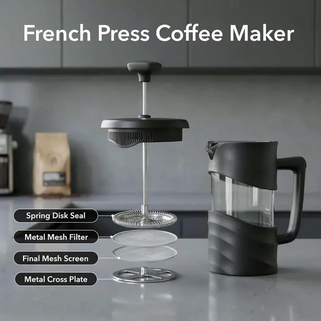 Alt view image 4 of 7 - French Press Coffee Maker 20 Ounce with Heat Resistant Borosilicate Glass & Stainless Steel 4-Level Filtration System, Portable Cold Brew Coffee Maker for Travel, Camping or Gift, Black FPW20B