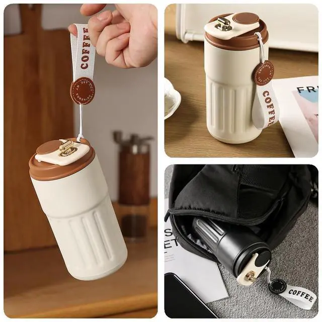 Alt view image 3 of 7 - Stainless Steel Insulated Coffee Mug with Lanyard, Leak Proof Travel Coffee Mug Keep 6H Warm & Cold 13.8oz (White)