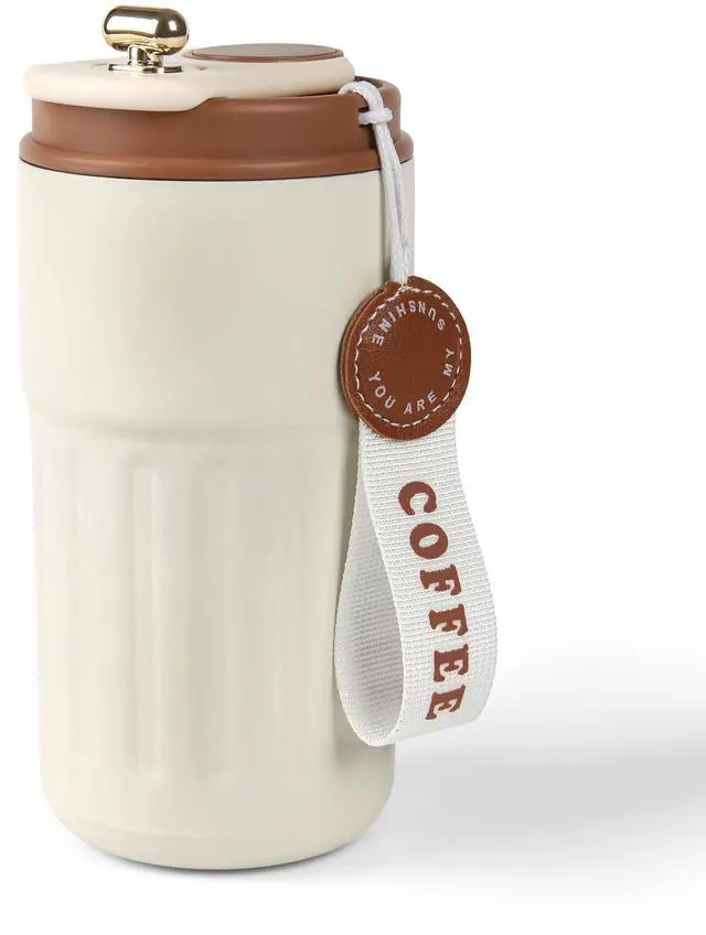 Main image of Stainless Steel Insulated Coffee Mug with Lanyard, Leak Proof Travel Coffee Mug Keep 6H Warm & Cold 13.8oz (White)
