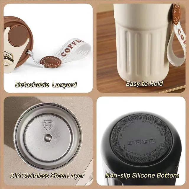 Alt view image 5 of 7 - Stainless Steel Insulated Coffee Mug with Lanyard, Leak Proof Travel Coffee Mug Keep 6H Warm & Cold 13.8oz (White)