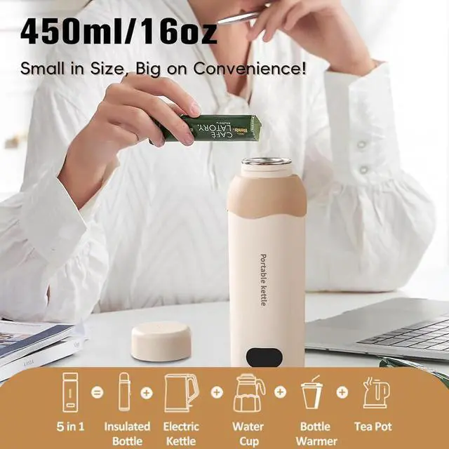 Alt view image 4 of 7 - Travel Electric Kettle Small 304 Stainless Steel Portable Kettle with Automatic Shut Off & 6 Temperature Control for Coffee/Tea/Milk, 450mL Mini Hot Water Boiler