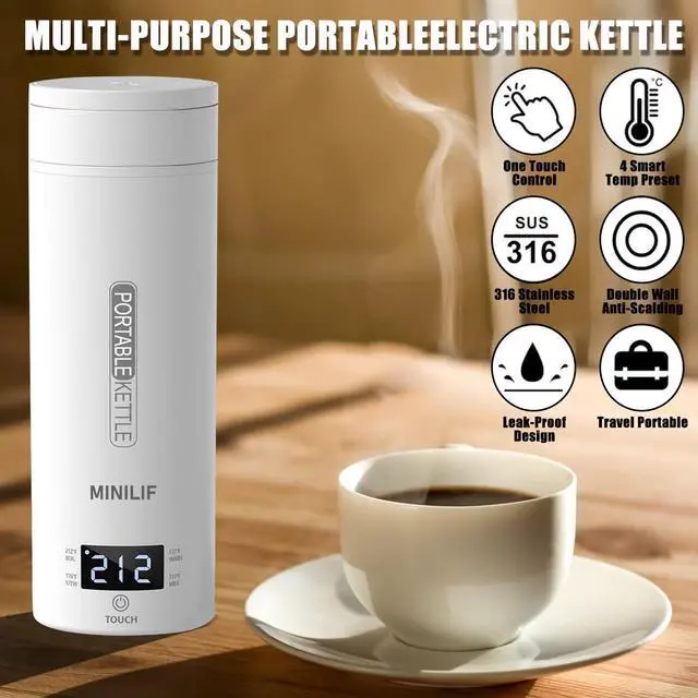 Alt view image 2 of 7 - Travel Kettle Portable Electric Kettle, Small Mini Tea Coffee Kettle Water Boiler With 4 Variable Settings, 316 Stainless Steel, Fast Boiling Water with Auto Shut-Off & Boil Dry Protection