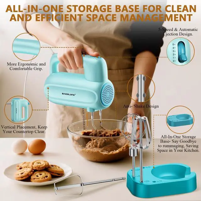 Alt view image 2 of 7 - Hand Electric Mixer, 5-Speed KitchenMixer with 5 * 304 Stainless Steel Attachments + Storage Base, Food Handheld Mixer for Baking, Whipping Cream, Cake Mixing, Blue
