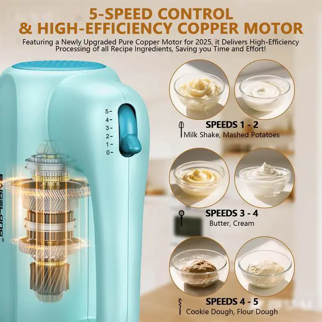 Alt view image 3 of 7 - Hand Electric Mixer, 5-Speed KitchenMixer with 5 * 304 Stainless Steel Attachments + Storage Base, Food Handheld Mixer for Baking, Whipping Cream, Cake Mixing, Blue