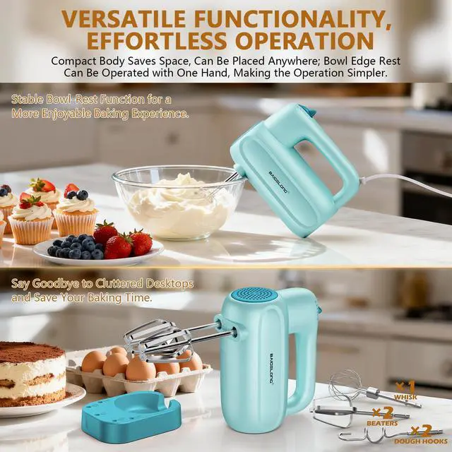 Alt view image 4 of 7 - Hand Electric Mixer, 5-Speed KitchenMixer with 5 * 304 Stainless Steel Attachments + Storage Base, Food Handheld Mixer for Baking, Whipping Cream, Cake Mixing, Blue