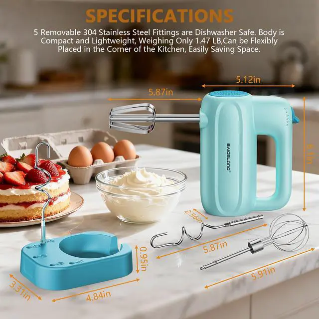 Alt view image 5 of 7 - Hand Electric Mixer, 5-Speed KitchenMixer with 5 * 304 Stainless Steel Attachments + Storage Base, Food Handheld Mixer for Baking, Whipping Cream, Cake Mixing, Blue