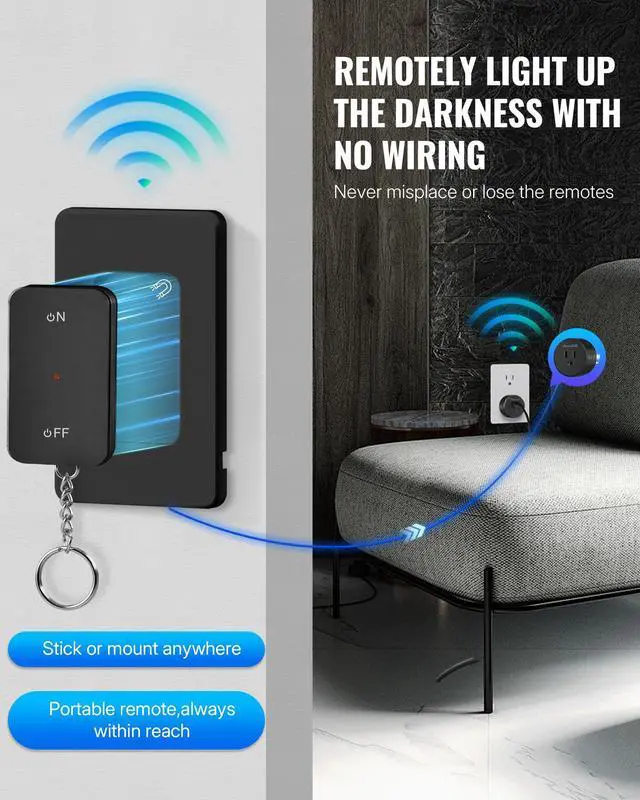 Alt view image 2 of 7 - Black Remote Control Outlet, WILAWELS Wireless Light Switch with Magnetic Base, On Off Remote Outlet Switch for Lamps, Appliance, 100ft RF Range, 15A/1875W, Pre-Programmed, FCC Listed H09RC1106