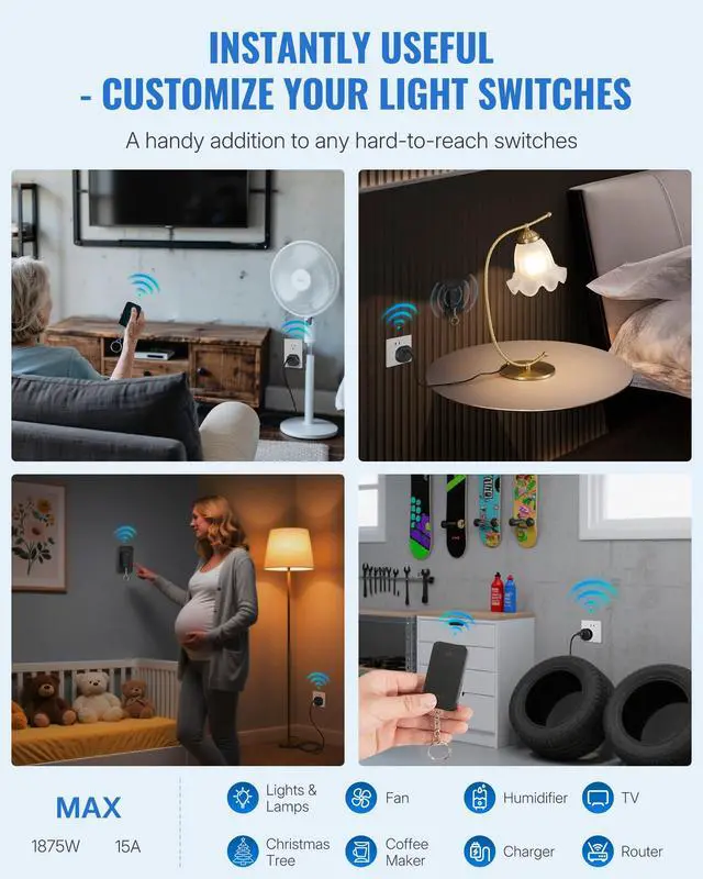 Alt view image 5 of 7 - Black Remote Control Outlet, WILAWELS Wireless Light Switch with Magnetic Base, On Off Remote Outlet Switch for Lamps, Appliance, 100ft RF Range, 15A/1875W, Pre-Programmed, FCC Listed H09RC1106