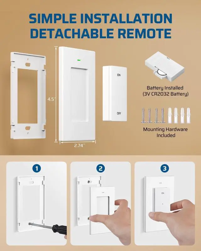 Alt view image 7 of 7 - Remote Control Outlet Wireless Wall Mounted Light Switch, Electrical Plug in On Off Power Switch for Lamp, Fan, Household Appliance, No Wiring, 100 Feet RF Range, Programmable