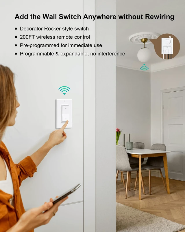Alt view image 2 of 7 - Wireless Light Switch and Receiver Kit, Decorator Rocker Switch | 200FT Long Range RF Remote Control, No in-Wall Wiring Required, 10A/1200W for Ceiling Light, Fans, Lamps, No Interference