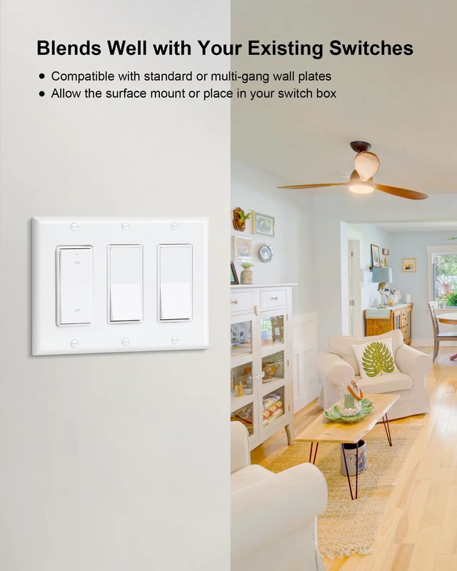 Alt view image 3 of 7 - Wireless Light Switch and Receiver Kit, Decorator Rocker Switch | 200FT Long Range RF Remote Control, 15A/1875W, for Ceiling Light, Fans, Lamps, Pre-Programmed, No Rewiring, No Interference
