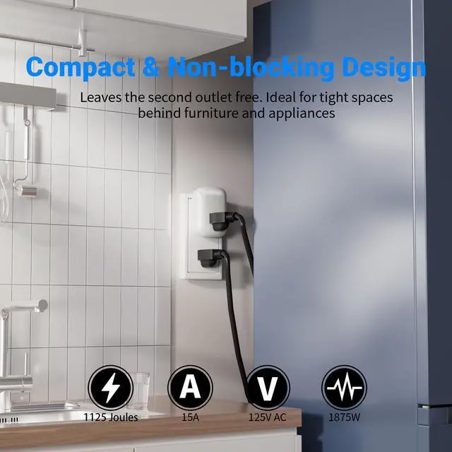 Alt view image 3 of 6 - Surge Protector Wall Tap Single Outlet Extender 1 Pack, 3 Prong Grounded Plug Power Strip Adapter with Indicator Light, 15A/125V Low Profile & Space-Saving for Home & Office Appliances-ETL-White